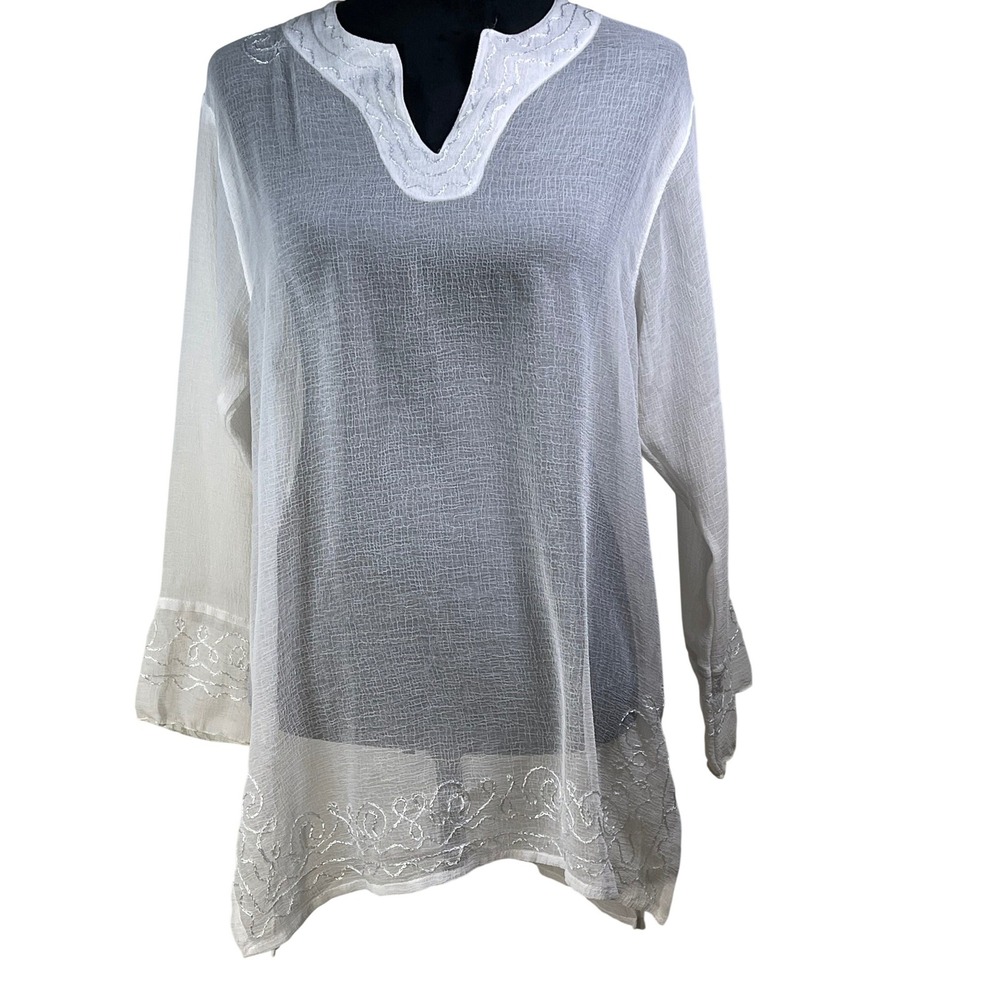Sand N Sun Womens White Embroidered Sheer Crinkle Tunic Top Medium costal pool